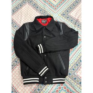 Straight To Hell Jet Varsity Jacket Black Wool Blend Red Quilted Lining XS